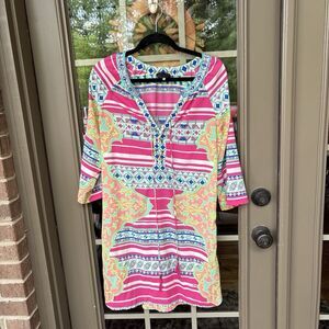 Hale Bob Multi-Color Embellished V-Neck 3/4 Sleeve Swim Cover-Up Dress- M